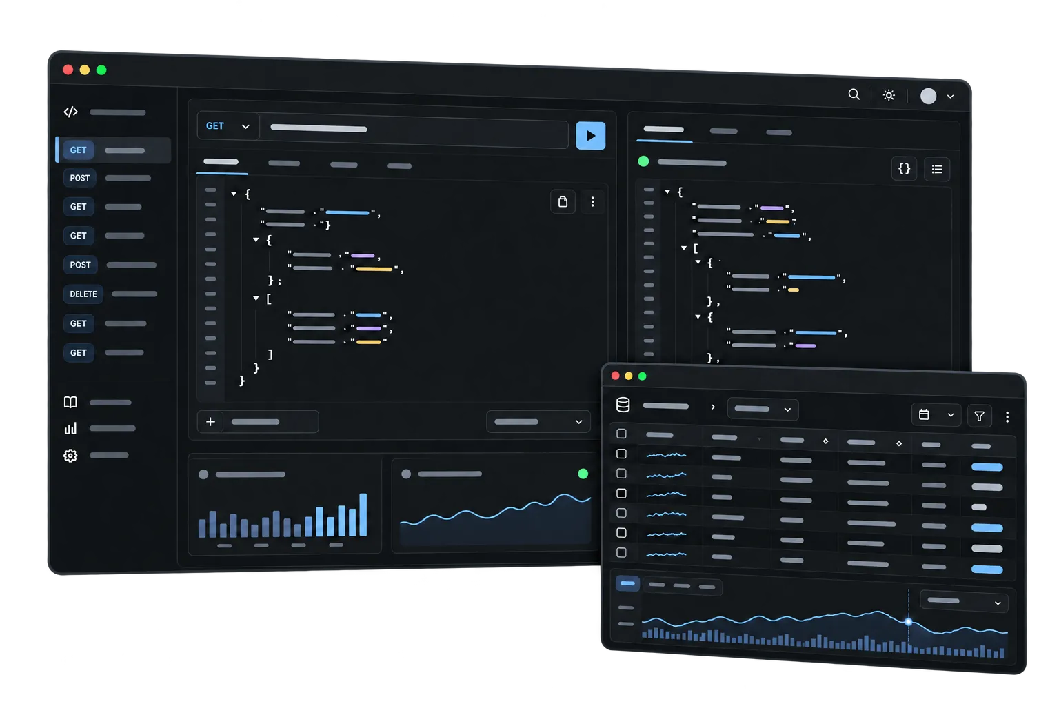 API workspace with request and response editors, a data table and monitoring charts.
