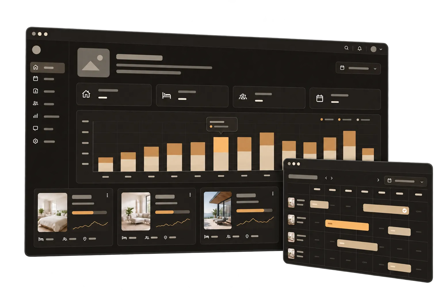 Rental operations dashboard with revenue charts, property summaries and a booking calendar.